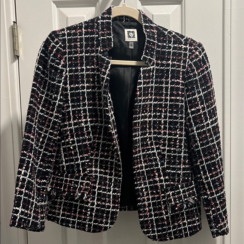 Anne Klein Black and White Tweed Blazer with Red Accents